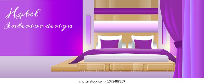 Luxury romantic hotel room bedroom interior with podium bed, light and curtains. Perfect room for night of love. Vector template for banner, web site with place for text.