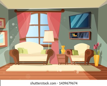 Luxury room. Premium interior of living room with perfect old wooden furniture lounge place vector cartoon illustrations. Livingroom with furniture, lounge room comfort