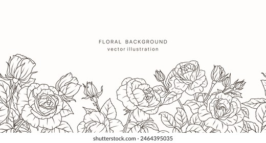 Luxury rose flower line art seamless border background. Floral plant leaf frame design card. Summer vintage bouquet luxury pattern. Vector illustration nature spring wedging card