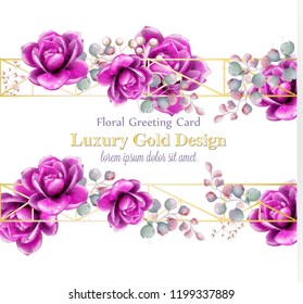 Luxury rose flowers watercolor card Vector. Golden abstract frames decor banner. Royal wedding bouquets illustrations