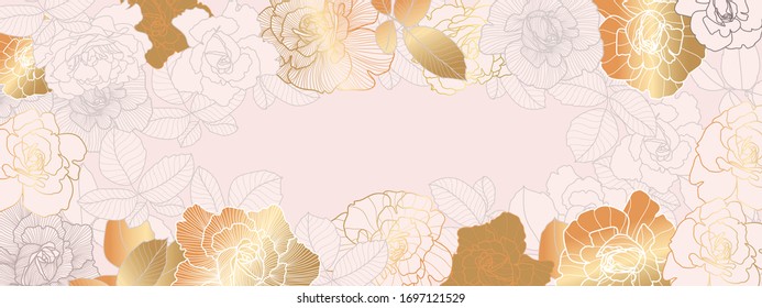 Luxury Rose gold floral wallpaper design vector, Golden rose pattern design background for wedding, banner, card, cover, and packaging design background. Vector illustration.