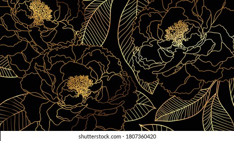 Luxury rose golden art deco wallpaper. Nature background vector. Floral pattern with golden flower line art. Vector illustration.
