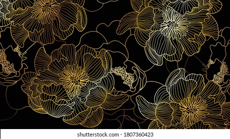 Luxury rose golden art deco wallpaper. Nature background vector. Floral pattern with golden flower line art. Vector illustration.
