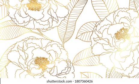 Luxury rose golden art deco wallpaper. Nature background vector. Floral pattern with golden flower line art. Vector illustration.
