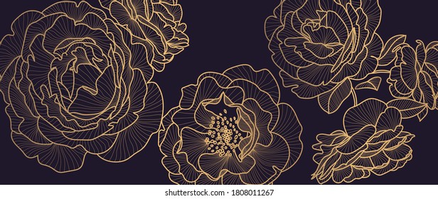 Luxury rose golden art deco wallpaper. Nature background vector. Floral pattern with golden flower line art. Vector illustration.