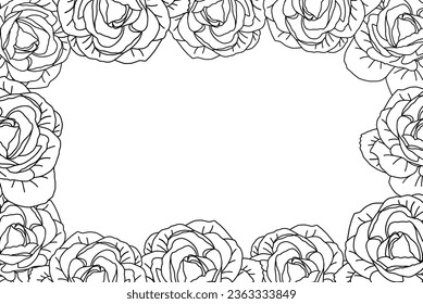 Luxury roses botanical frame on white background vector. Elegant line art wallpaper roses flowers head in hand drawn. Cute girly blossom frame design for wedding, invitation or card.