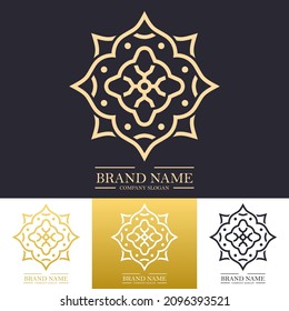 Luxury round flower logo design in gold color with trendy linear or line art mandala concept. Vector illustration template for hotel, Spa, Restaurant, VIP, Fashion and Premium brand identity.