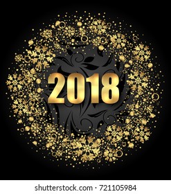 Luxury Round Frame with Golden Snowflakes on Black Background for Happy New Year 2018 - Illustration Vector