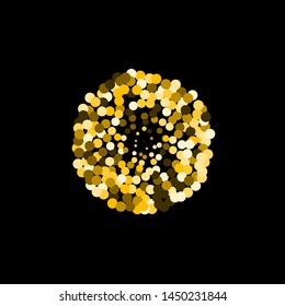 Luxury round glitter golden on black background. Gold glitter circle, round and diamond particles. For logo, greetind card, certificate, gift voucher and covers.