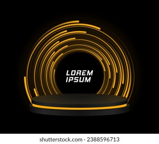 Luxury round pedestal and platform, stand stage and cylinder. Realistic black podium with golden speed lines.
