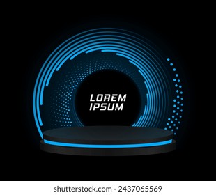 Luxury round pedestal and platform, stand stage and cylinder. Realistic black podium with blue speed lines.