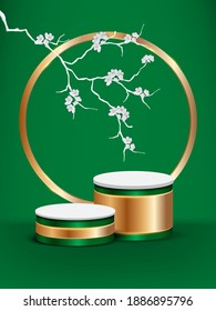 Luxury round podium and white sakura paper cut on green background for product promotion. Vector illustration.