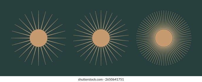 Luxury round sun frames with halftone, gradient circle. Vintage bohemian sunburst, dotted radiah rays, beans vector illustrations for logo, design.