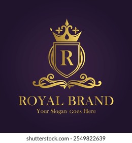 Luxury Royal Brand R Logo Design with Golden Crown and Elegant Ornamental Details.