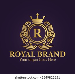 Luxury Royal Brand R Logo Design with Golden Crown and Elegant Ornamental Details.