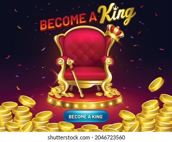 
luxury royal chair king reward game screen. become a king. Casino game interfaces.VIP package. Podium special offer pop up with coins and button