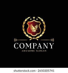 Luxury Royal Crest Logo with Golden Eagle in Shield and Laurel Wreath on Black Background