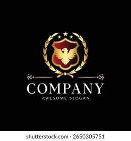 Luxury Royal Crest Logo with Golden Eagle in Shield and Laurel Wreath on Black Background