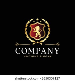 Logotipo Royal Crest de luxo com leão heráldico em escudo dourado e coroa de louro