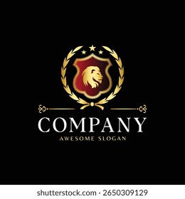 Luxury Royal Crest Logo with Heraldic Lion in Golden Shield and Laurel Wreath