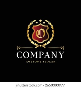 Luxury Royal Crest Logo with Letter O in Golden Shield and Laurel Wreath on Black Background