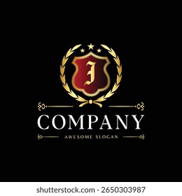 Luxury Royal Crest Logo with Letter I in Golden Shield and Laurel Wreath on Black Background