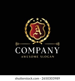 Luxury Royal Crest Logo with Letter A in Golden Shield and Laurel Wreath on Black Background