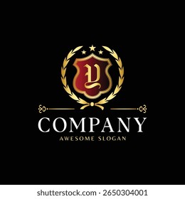 Luxury Royal Crest Logo with Letter Y in Golden Shield and Laurel Wreath on Black Background