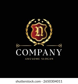 Luxury Royal Crest Logo with Letter N in Golden Shield and Laurel Wreath on Black Background