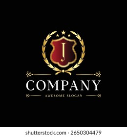 Luxury Royal Crest Logo with Letter J in Golden Shield and Laurel Wreath on Black Background