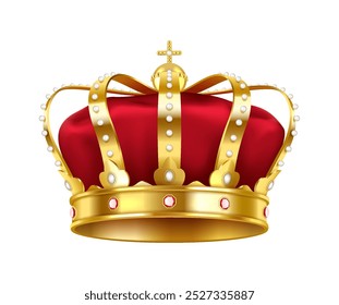 Luxury royal crown adorned with red velvet gold and gemstones realistic vector illustration. Golden jewelry for kings 3d object on white background