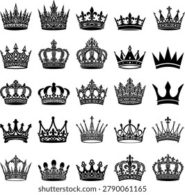 Luxury royal crown set vector illustration. Golden and black king, queen, emperor, and princess crowns, tiaras, and coronets isolated on background. Premium heraldic symbols for success, authority, luxury branding, and jewelry logos.