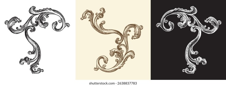 Luxury royal decorative design elements in three colors. Vintage filigree wedding floral ornaments, damask, baroque style. Hand drawing retro pattern. Vector illustration