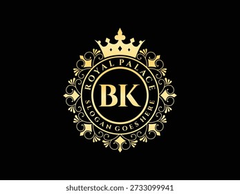 Emblema real de luxo, iniciais bk, coroa ornamentada, design elegante vintage, crista, monograma, heráldico.