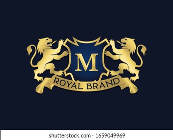 luxury Royal heraldic gold lions facing the shield vector logo template