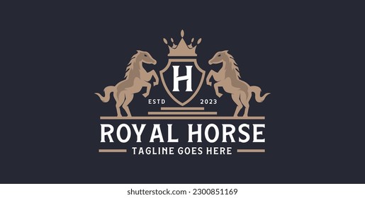 Luxury royal horse logo design vector template, Retro gold crest with shield and two horses. Can be used as a logo