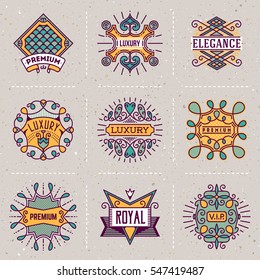 Luxury Royal Insignias Retro Design Color Logotypes Template Color Set 2. Line Art Vector Vintage Style Elements. Elegant Geometric Shiny Frames.