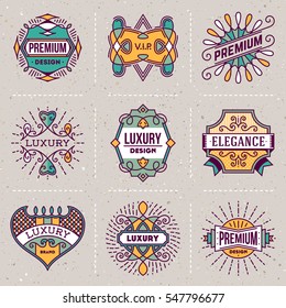 Luxury Royal Insignias Retro Design Color Logotypes Template Color Set 3. Line Art Vector Vintage Style Elements. Elegant Geometric Shiny Frames.