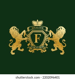 Luxury royal king letter f crest gold logo template and lion theme