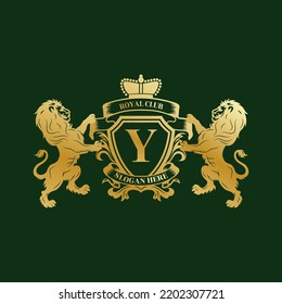 Luxury royal king letter y crest gold logo template and lion theme