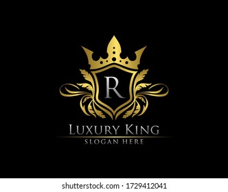 Luxury Royal King R Letter, Heraldic Gold Logo template.