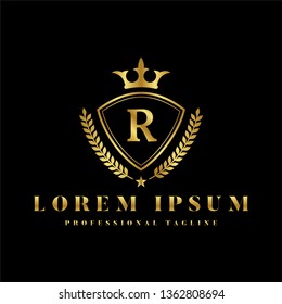 Luxury Royal Letter R crest Gold color Logo vector, Victory logo, crest logo, vector logo template