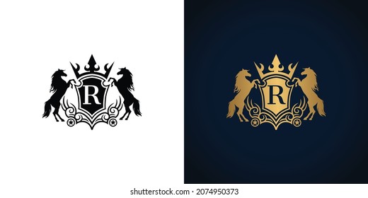 Luxury Royal Letter R vector logo with shield flanking horse and wearing crown