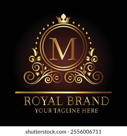 Luxury royal logo design with golden letter M, crown, floral patterns, and tagline for premium branding  
