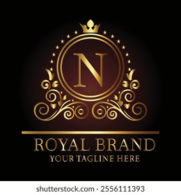 Luxury royal logo design with golden letter n, crown, floral patterns, and tagline for premium branding  
