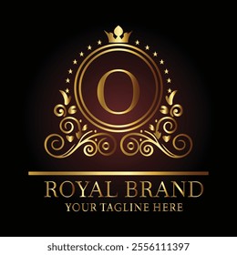 Luxury royal logo design with golden letter O, crown, floral patterns, and tagline for premium branding  
