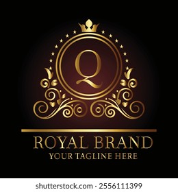 Luxury royal logo design with golden letter Q, crown, floral patterns, and tagline for premium branding  
