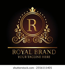 Luxury royal logo design with golden letter R, crown, floral patterns, and tagline for premium branding  
