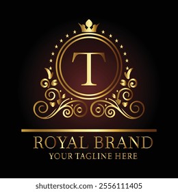 Luxury royal logo design with golden letter T, crown, floral patterns, and tagline for premium branding  
