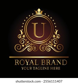 Luxury royal logo design with golden letter U, crown, floral patterns, and tagline for premium branding  
